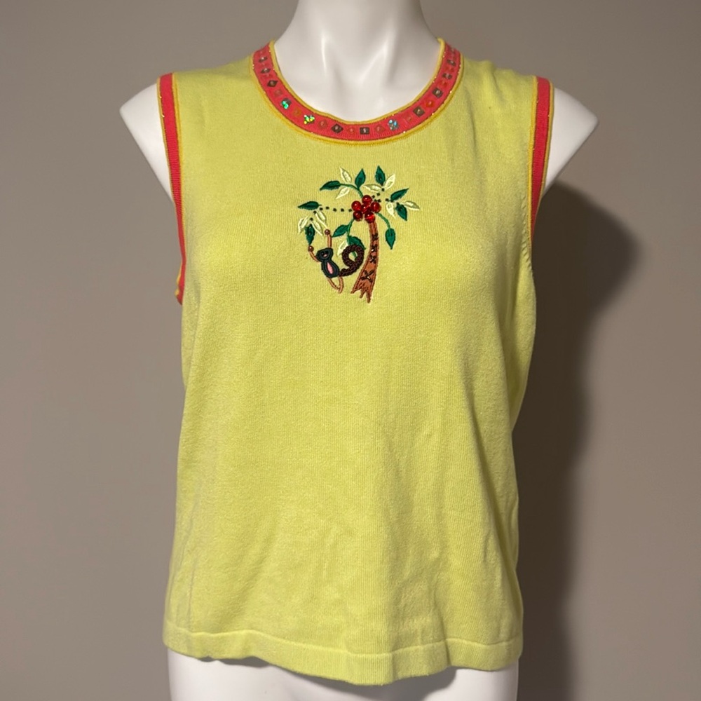 Vintage Berek Yellow Sweater Shell Top Monkey Palm Tree Sequin Quirky Size L NWT